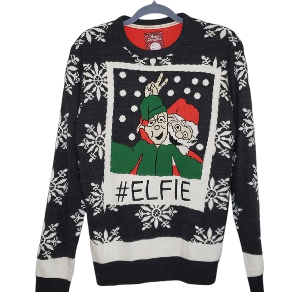 Brave Soul Ugly Christmas Sweater Sz Large Charcoal Grey Snowflakes Santa Unisex - Picture 1 of 12